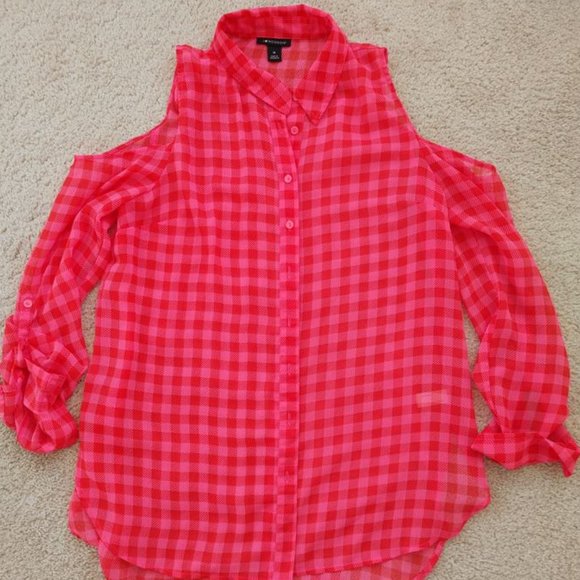 I Heart Ronson Tops - I Heart Ronson Neon Pink Plaid Sheer Cold Shoulder Blouse - Medium